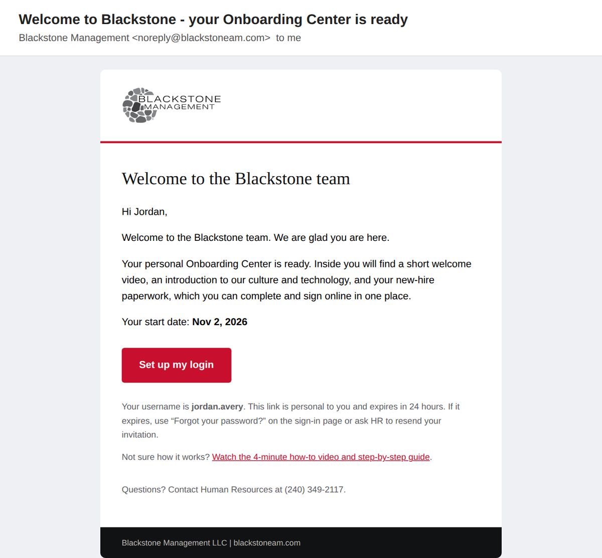 The Blackstone welcome email with the Set up my login button