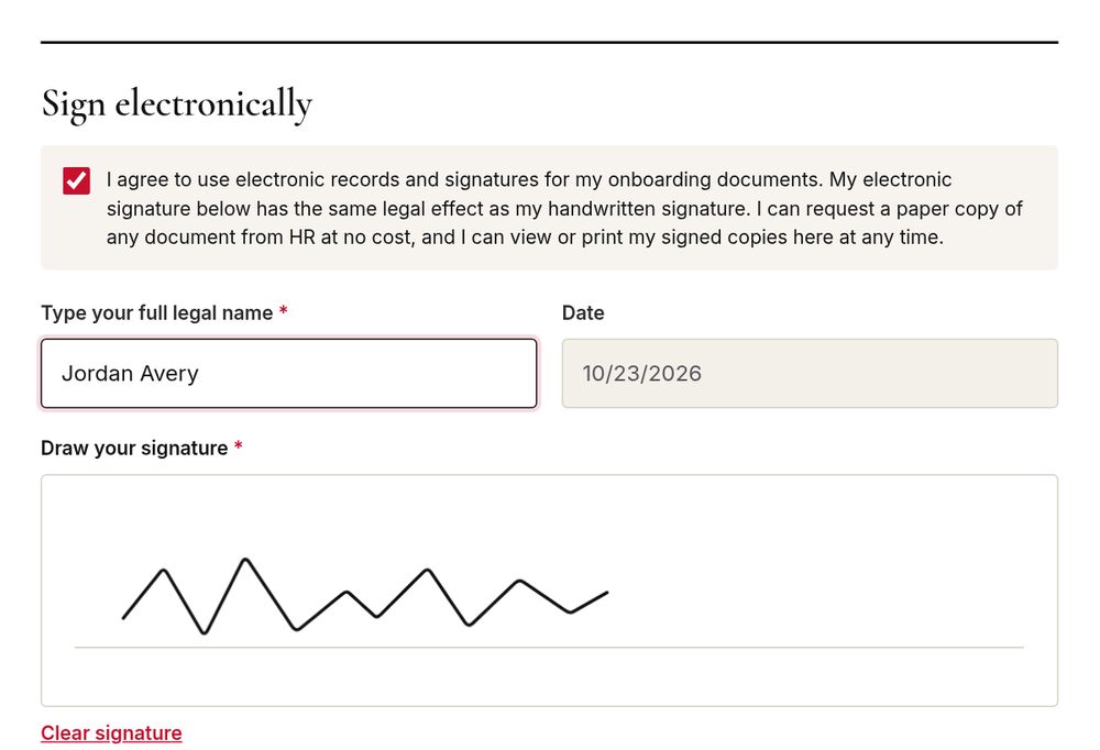 The Sign electronically section with typed name and signature pad