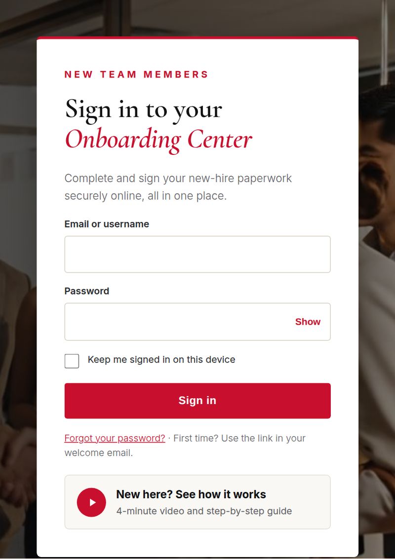 The Onboarding Center sign-in box